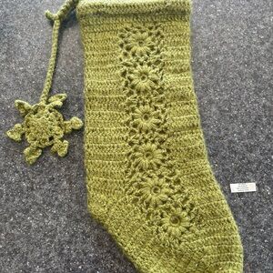 Green Crochet Stocking with Floral Design